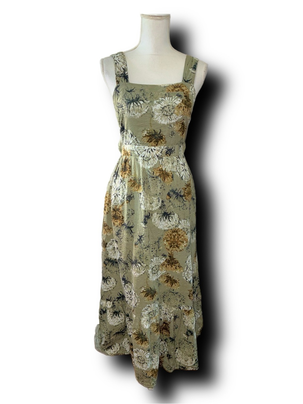 Entro Cotton Blend Olive Abstract Dandelion Print Square-Neck Tiered Maxi Dress